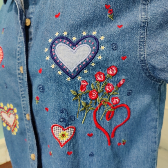 Bobbie Brooks heart embroidery denim button up shirt - Picture 4 of 8